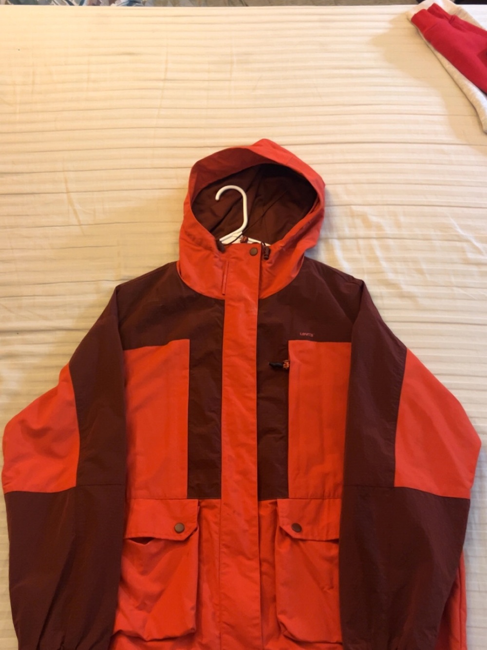 Levi's Two-Tone Hooded Raincoat in Red and Burgundy